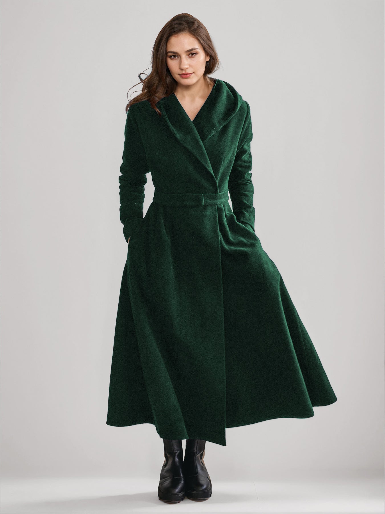 Woolen Flared Coat With Hood Vintage Belted A-line Winter Long Outerwear For Women 2026