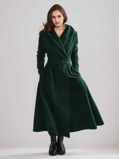 Woolen Flared Coat With Hood Vintage Belted A-line Winter Long Outerwear For Women 2026