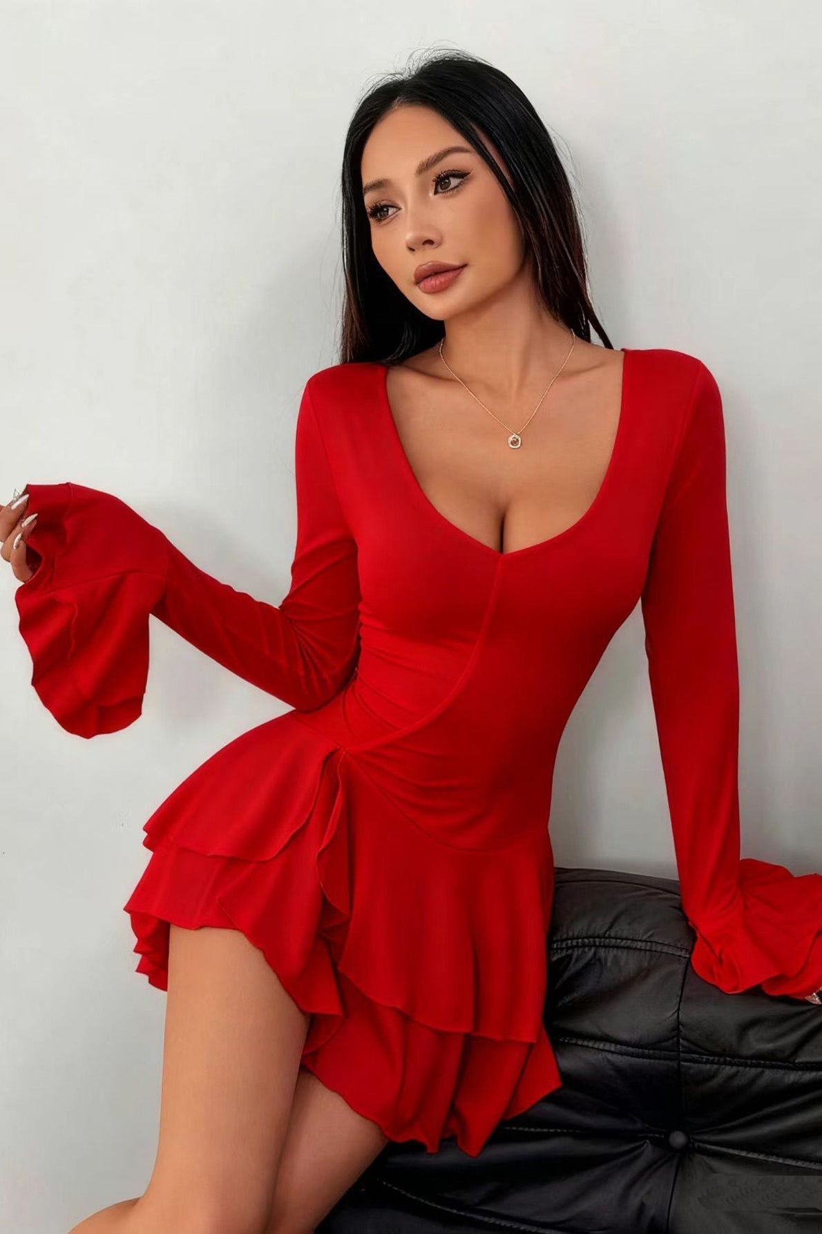 Scoop Neck Tiered Ruffle Cuff Draped Wrap Ruffle Hem Bodycon Mini Dress