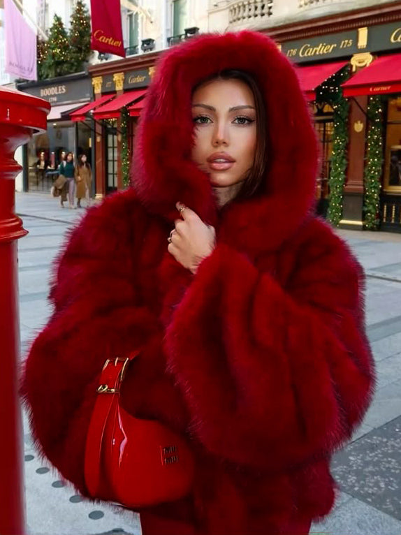 Burgundy Hooded Faux Fur Jacket For Women 2026