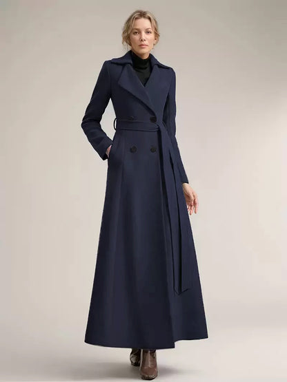Full-length Woolen Coat For Women Wide Notched Lapel Double-breasted Belted Winter Outerwear In Solid Color 2026