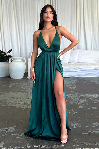 Satin V-Neck Waist-Cinching Split Dress Party Dress