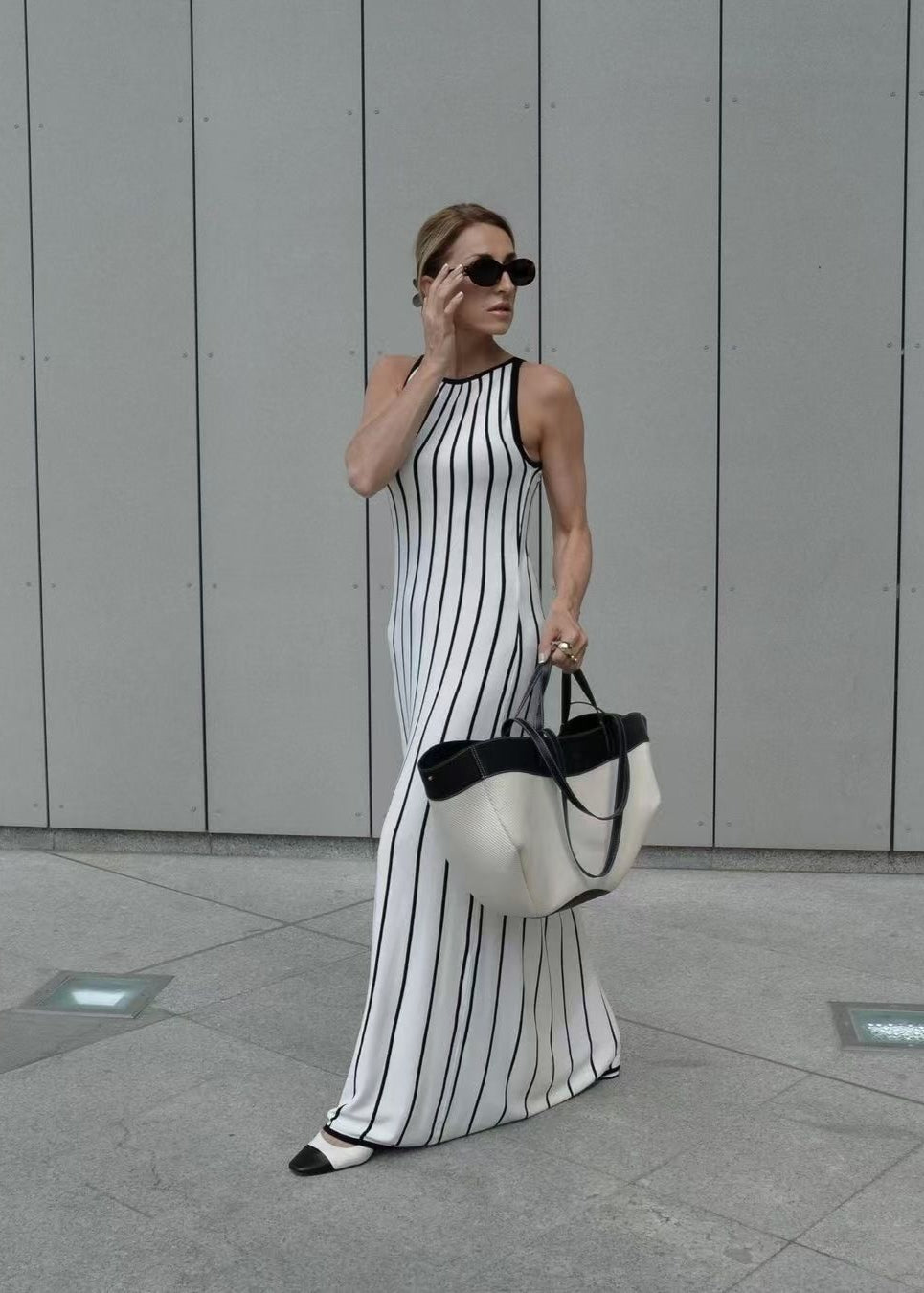 Vienna Sleeveless Stripe Maxi Dress – Ribbed Knit Column Silhouette