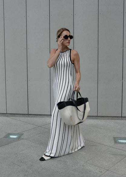 Vienna Sleeveless Stripe Maxi Dress – Ribbed Knit Column Silhouette