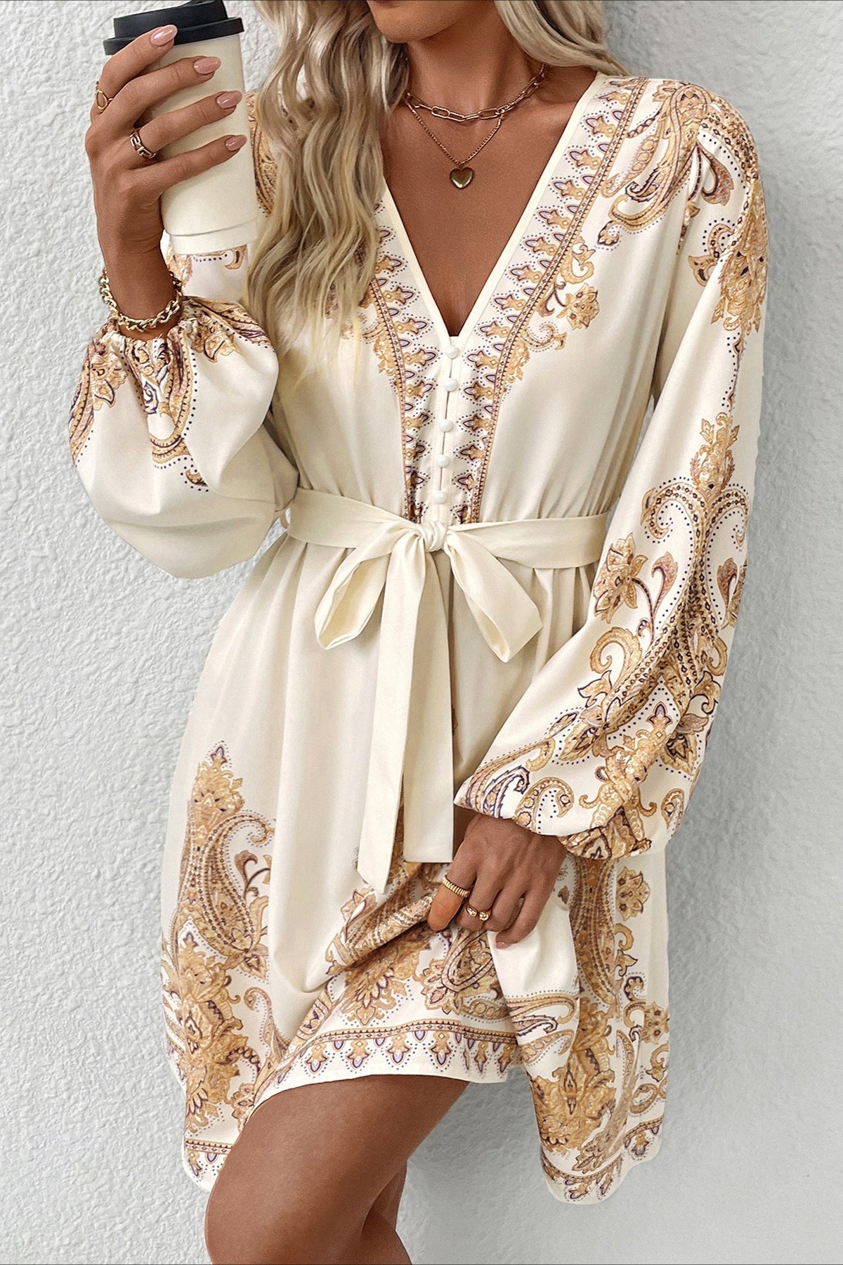 Paisley Print Deep V Balloon Sleeve Button Front Tie Waist Mini Dress