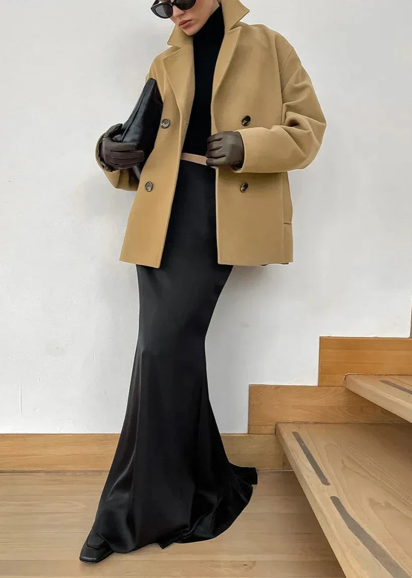 Classic Double-Breasted Camel Wool Coat