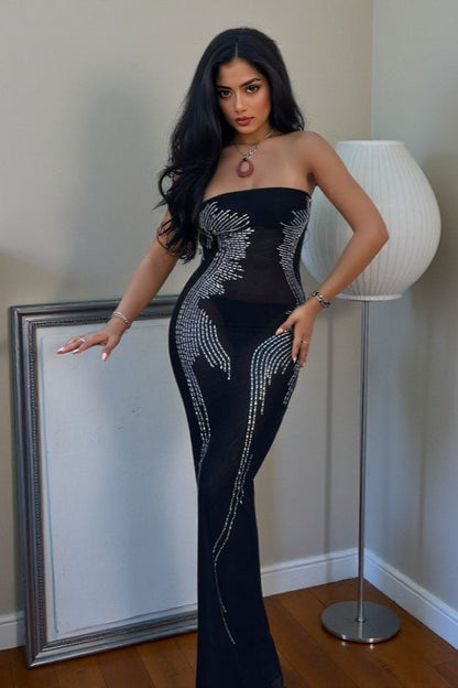 Angel Wings Rhinestone Strapless Bodycon Maxi Dress