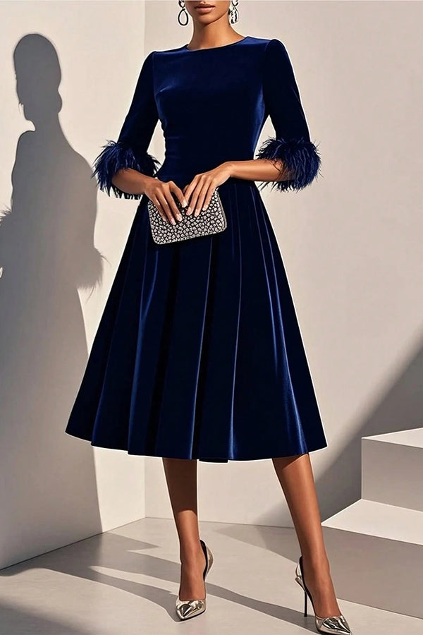 Solid Color Velvet Feather Half Sleeves Elegant Fitted Waist Midi Dress