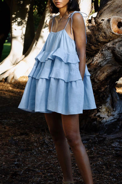 Tie Shoulder Tiered Ruffle Scoop Neck Babydoll Mini Dress