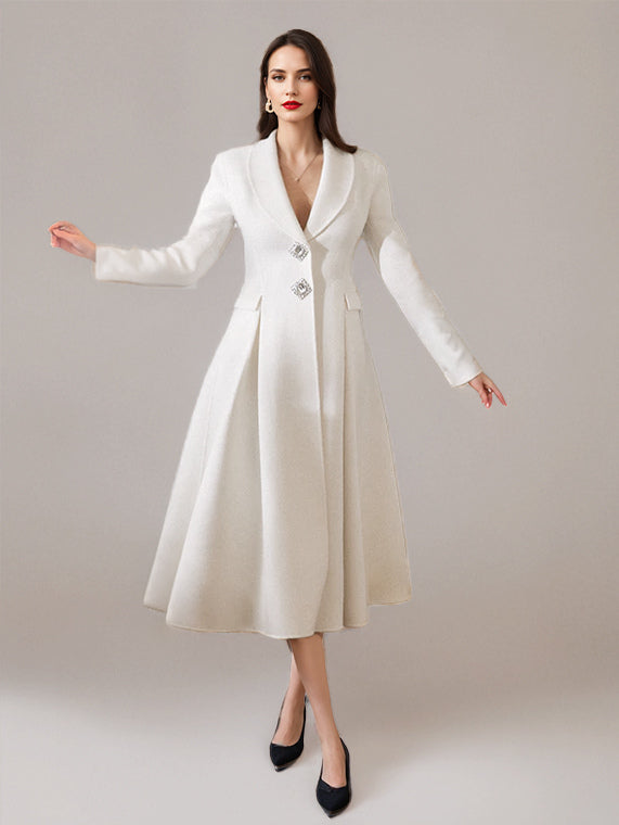 White Wool Cashmere Blend Flared Coat Lapel Double-Faced Winter Outerwear 2026