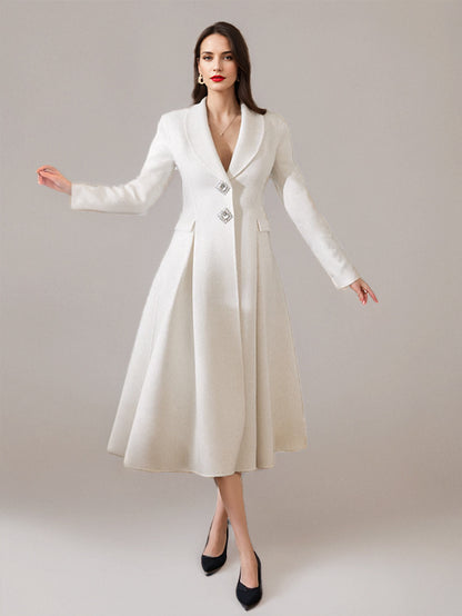 White Wool Cashmere Blend Flared Coat Lapel Double-Faced Winter Outerwear 2026