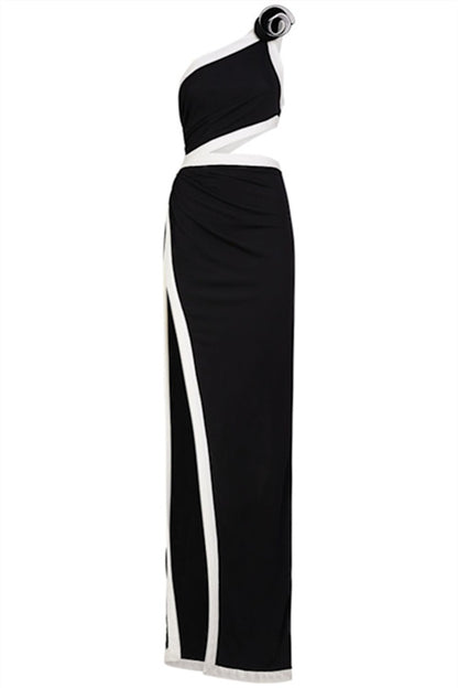 Salome Asymmetric Floral Applique Maxi Dress