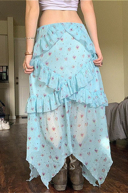 Floral Mesh Low-Waist Asymmetrical Skirt