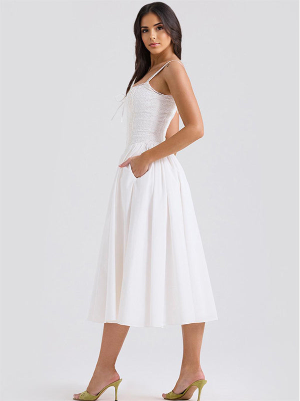White Corset Dress Cutout Wide Strap Lace Trim Backless Cottagecore Midi Dresses