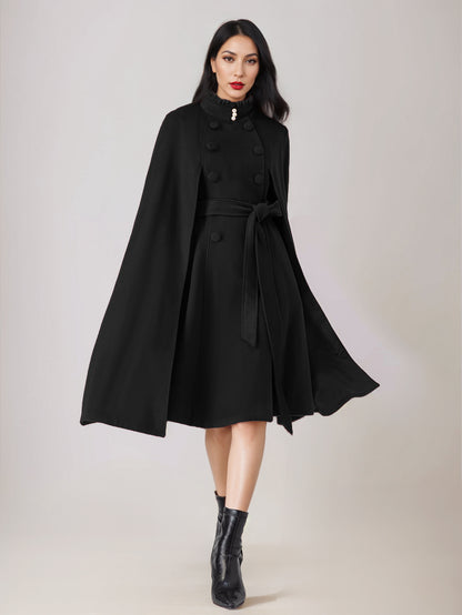 Wool Blend Cape Coat For Women Stand Collar Dark Navy Belted Oversized Poncho Outerwear 2026