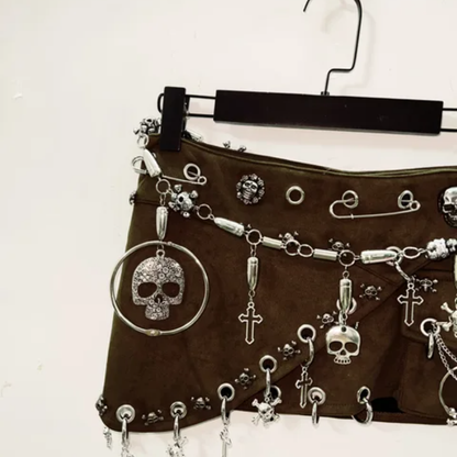 Skull applique waist chain mini skirt