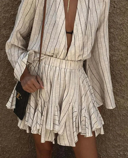 Beige Striped Pleated Mini Office Two Piece Set