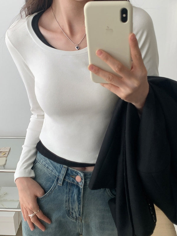 Contrast Color Fake Two Piece Long Sleeve Knit