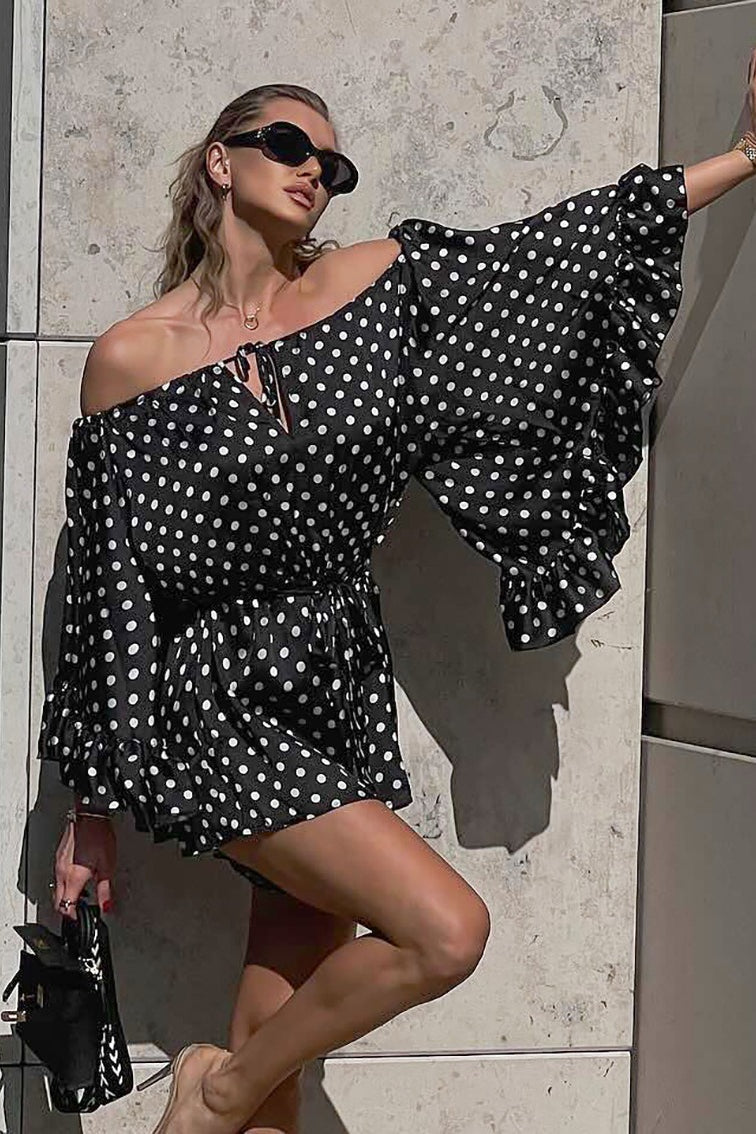 Polka Dot Off Shoulder Bell Sleeve Tie Neck Ruffle Hem Romper