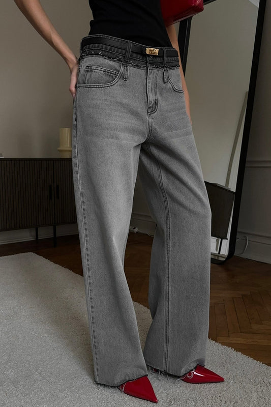 Waist Patch Distressed Straight Jean