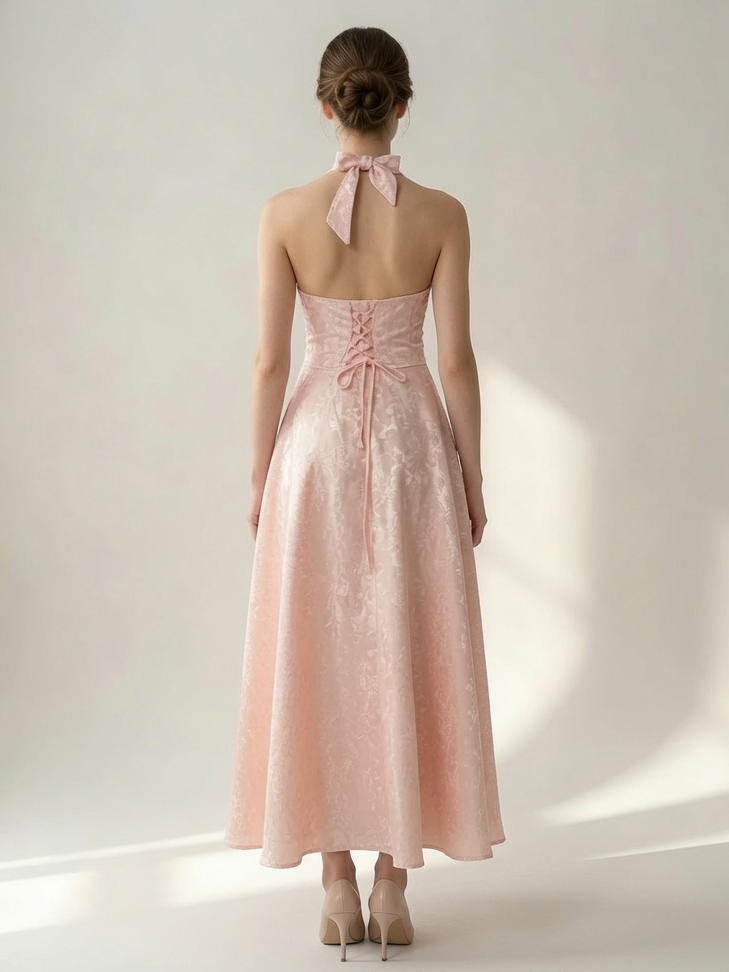 Soft Pink Floral Midi Dress Halter Summer A-line Vintage Dress For Women 2026