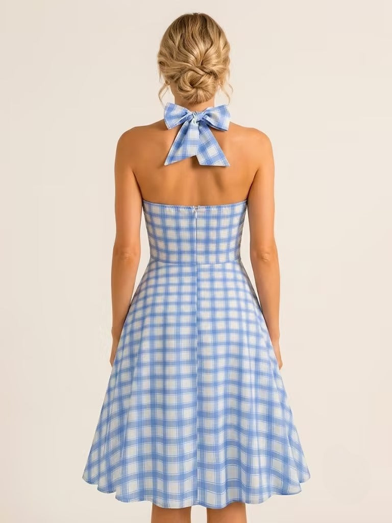 Chic Fitted Blue Plaid Gown With A Line Skirt Perfect For Summer Parties