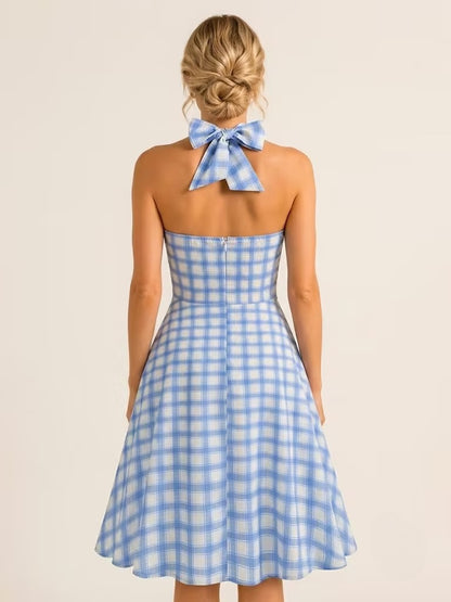 Chic Fitted Blue Plaid Gown With A Line Skirt Perfect For Summer Parties