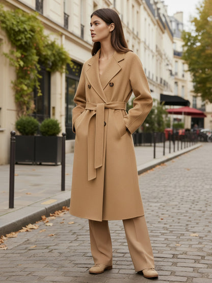 Wool Cashmere Blend Vintage A-line Coat With Classic Lapel And Belt For Women 2026