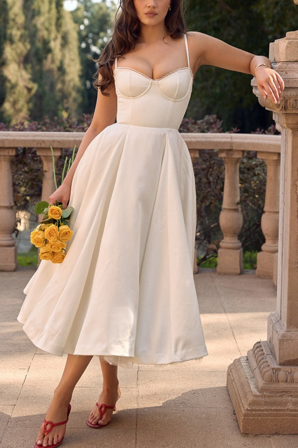 Lace Trim Sweetheart Corset Bodice Tulle Petticoat Fit and Flare Midi Dress