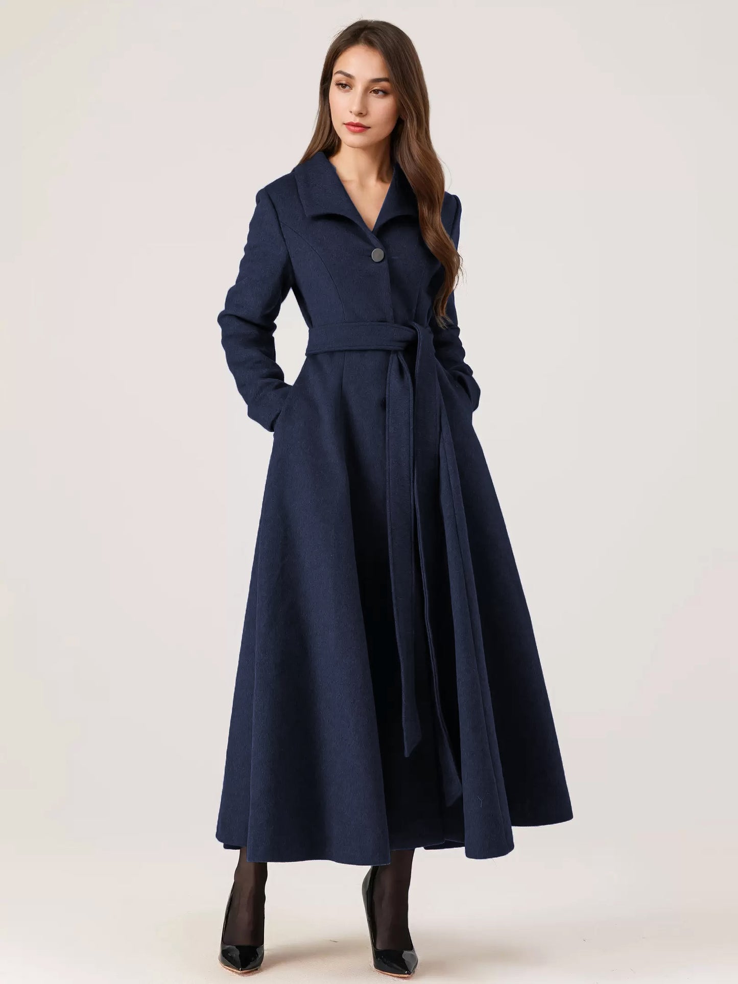 Long Woolen Flared Coat Gray Belted Winter Full Length Outerwear For Women 2026