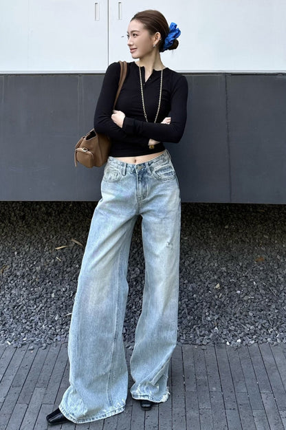 Washed Wide-Leg Distressed Jeans
