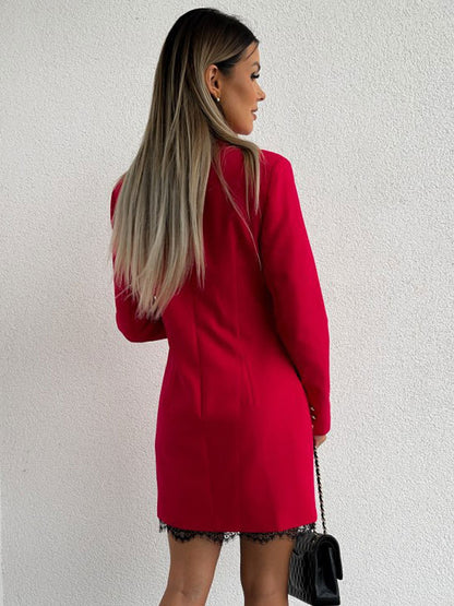 Blazer Dress Double Breasted Solid Color Lace Hem Relaxed Fit Casual Spring Fall Outerwear For Women