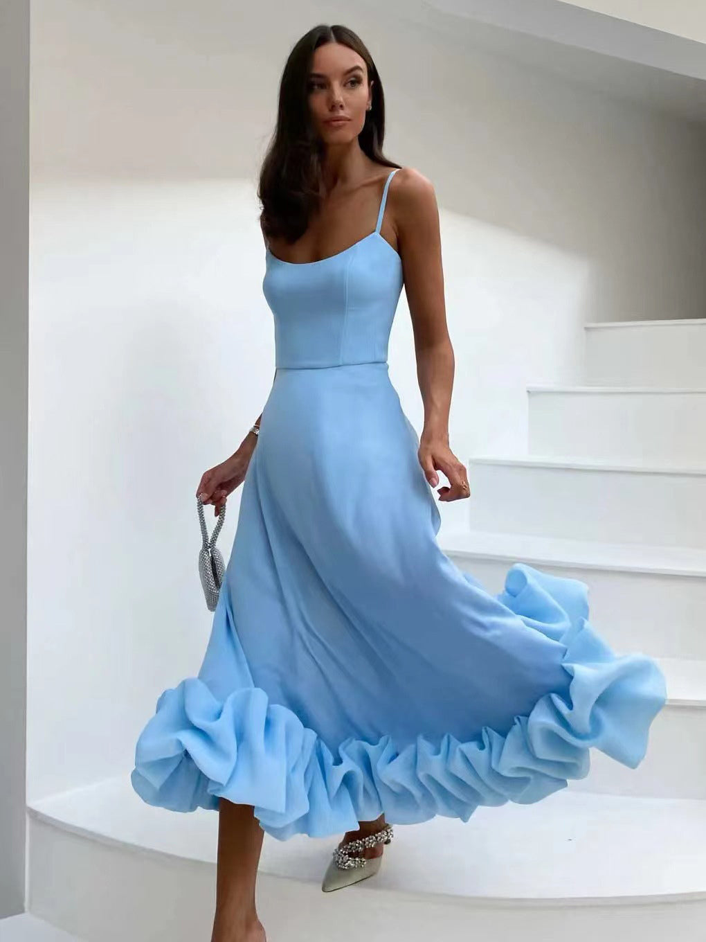 Party Dress Lilac Spaghetti Strap Backless Cupcake Edge Prom Midi Dresses