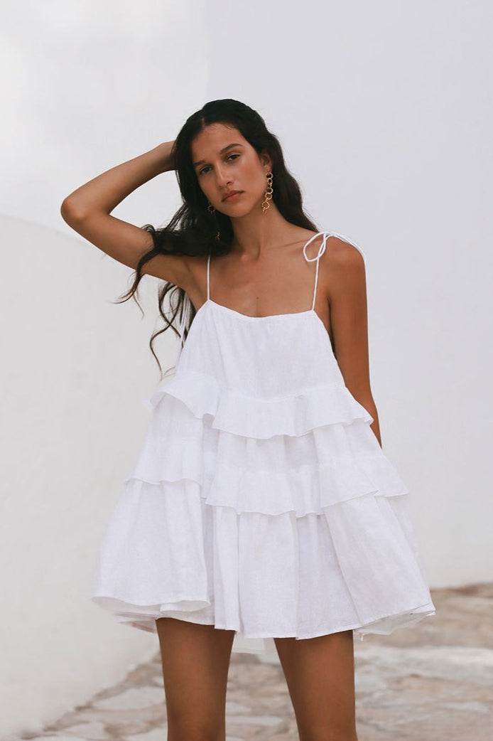 Tie Shoulder Tiered Ruffle Scoop Neck Babydoll Mini Dress