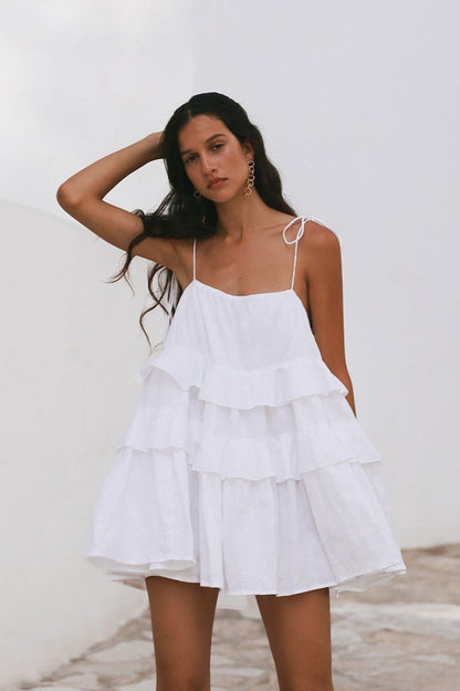 Tie Shoulder Tiered Ruffle Scoop Neck Babydoll Mini Dress