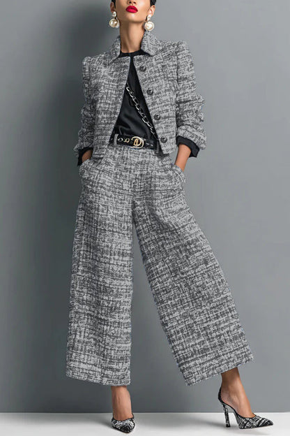 Stylish Long-sleeved Single-breasted Short Jacket and Casual Pocket Wide-leg Pants Sets