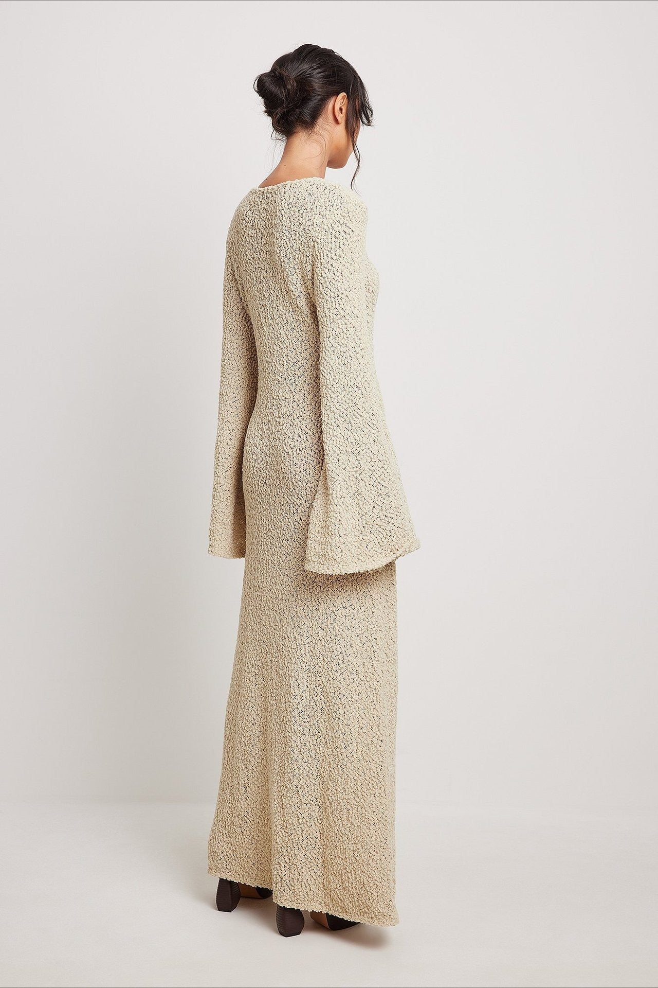 Boucle Knit Scoop Neck Bell Sleeve Bodycon Maxi Sweater Dress
