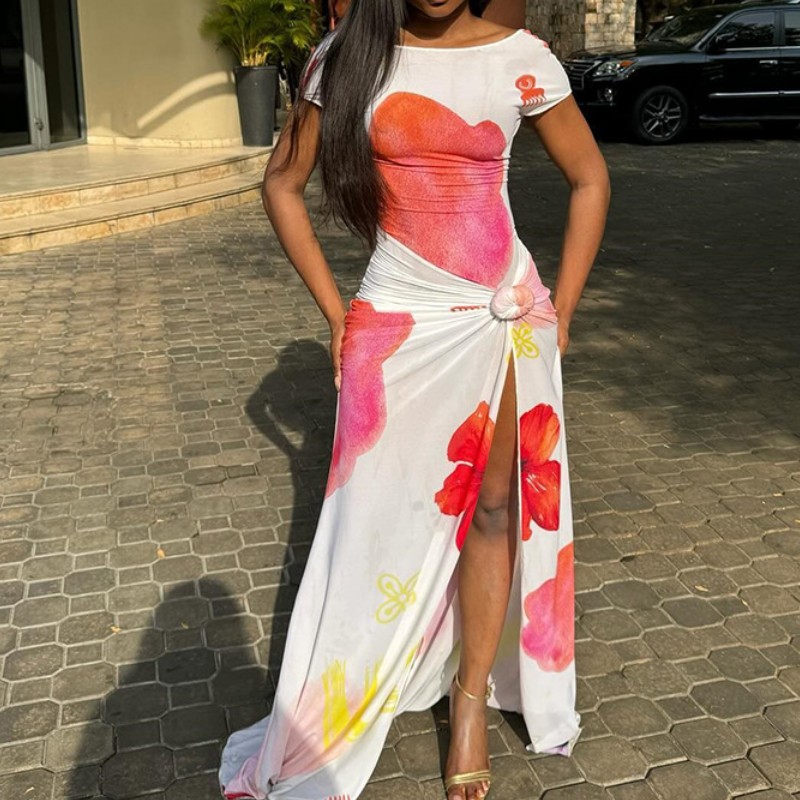 Slit flower print ruched short sleeve maxi dress