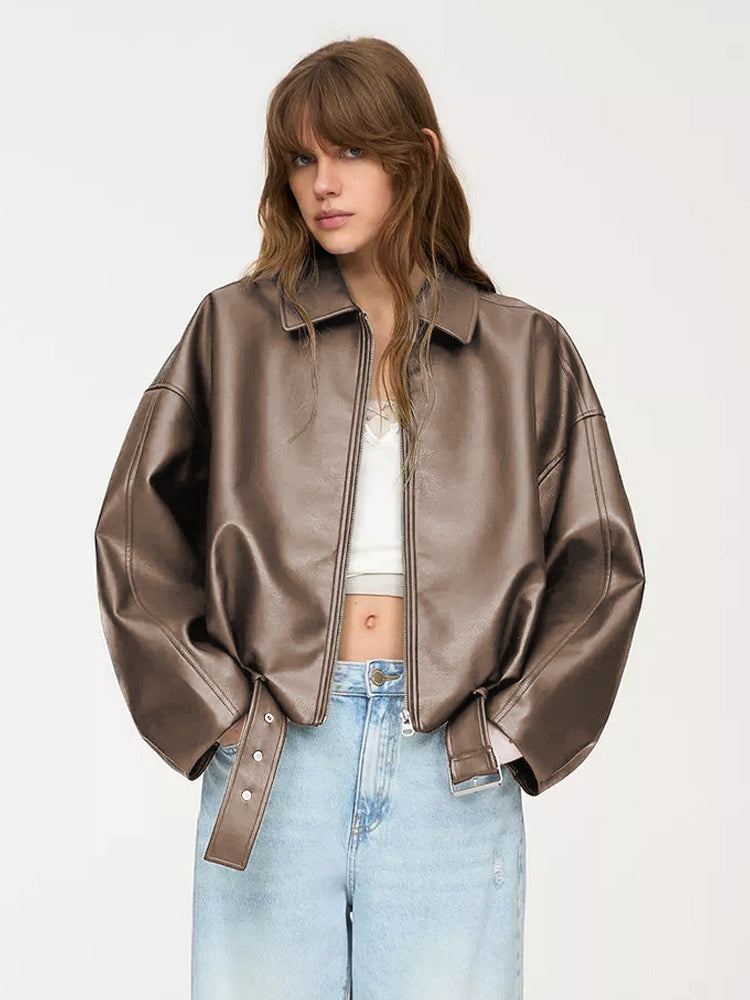 Oversized Faux Leather Bomber Jacket With Belt For Autumn 2026