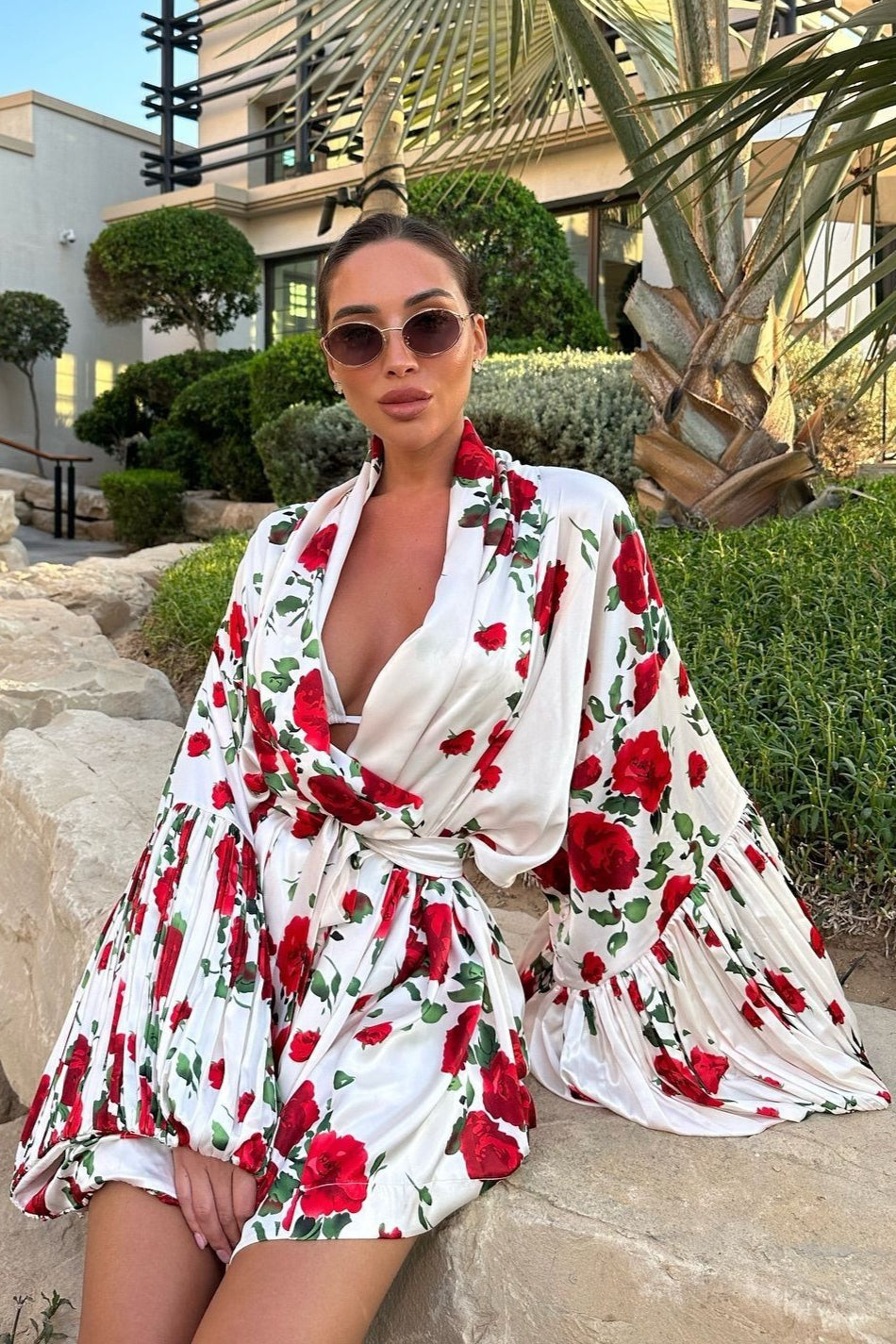 Floral Print Surplice Wrap Bell Sleeve Tie-Waist Mini Dress