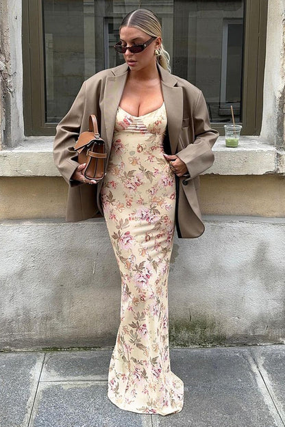 Sexy Low Cut U-Neck Floral Print Slit Cami Maxi Dress