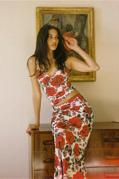 V Neck Camisole High Waist Floral Maxi Dress Two Piece Set