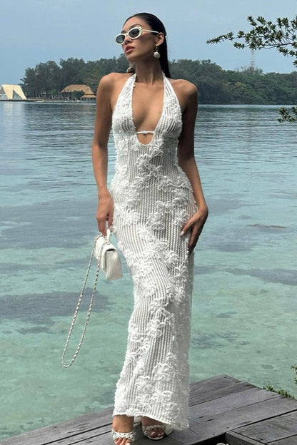 Jacquard Strapless Halter Maxi Dress
