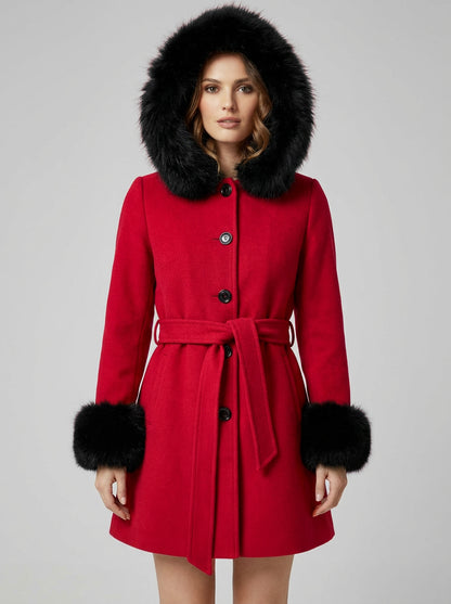 Belted Wool Blend Hooded Coat with black Faux fur cuffs For Women 2026