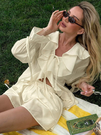 Ruffled Hem Tie Front Cardigan & Shorts Set Blouse