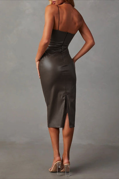 Faux Leather Square Neck Spaghetti Strap Side Ruched Bodycon Midi Dress