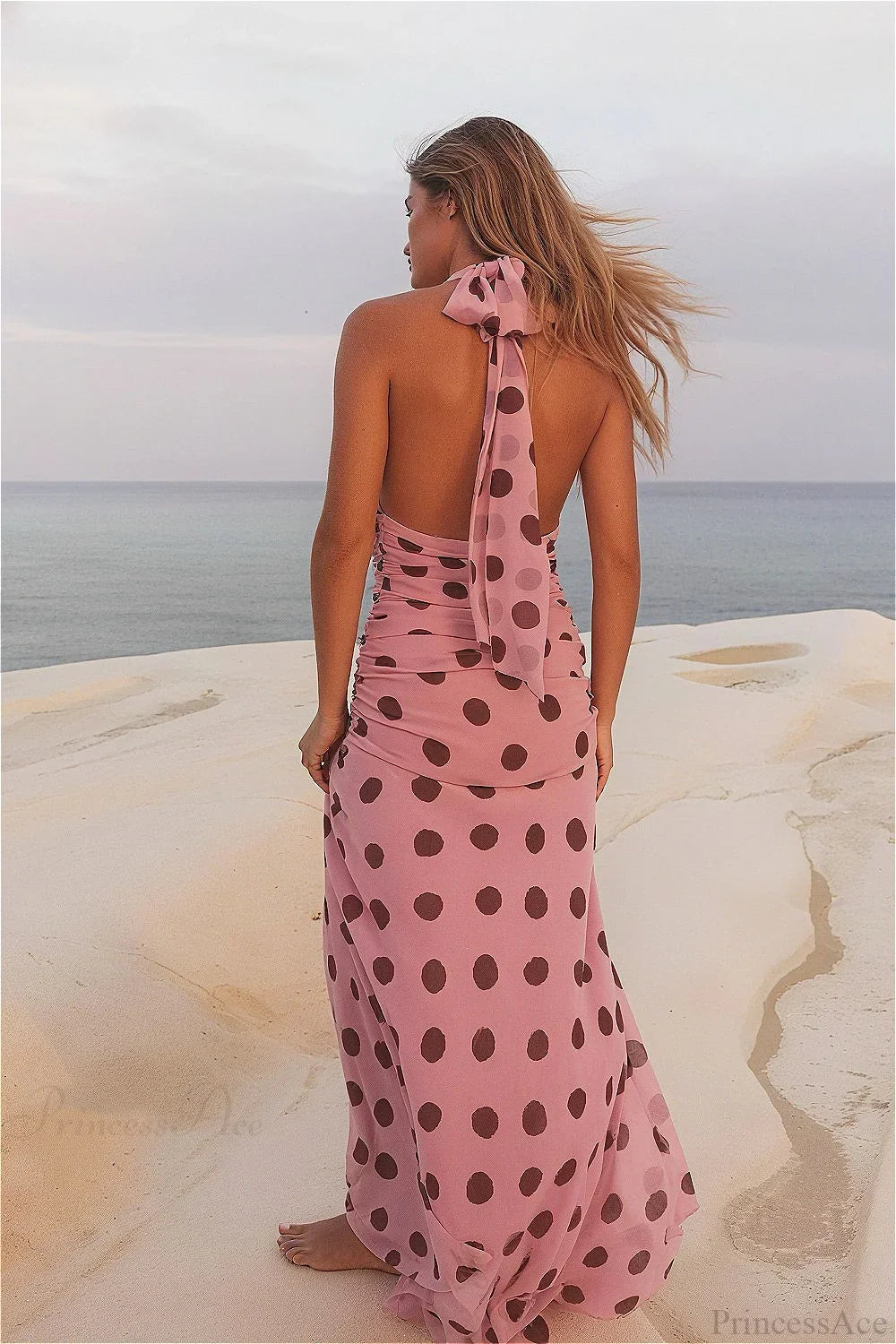Backless Tie Waist Polka Dot Maxi Dress