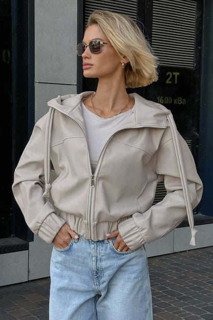 Black Faux Leather Hooded Loose Streetwear Jacket