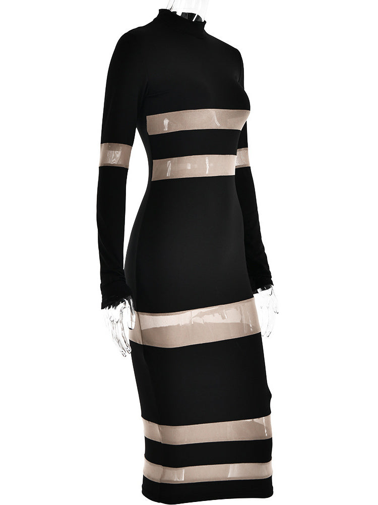 Mesh Patchwork Dress Long Sleeves See Through Party Bodycon Dresses