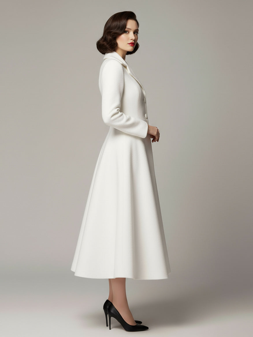 Vintage Classic Lapel A-line Woolen Flared Coat In White For Women 2026